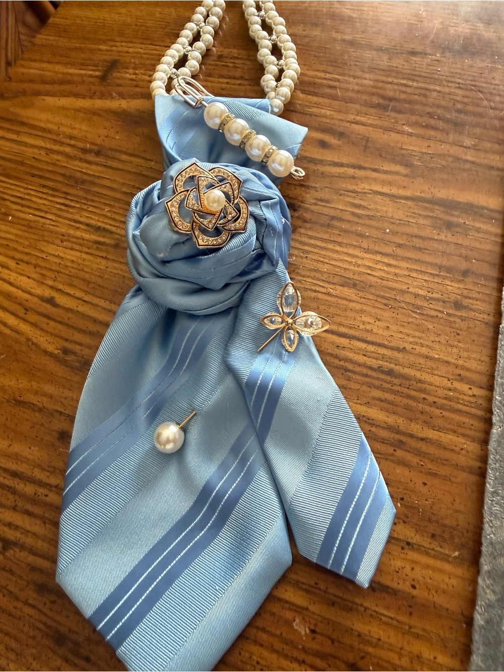 Light Blue Satin Rose Tie Necklace with Pearl Accents